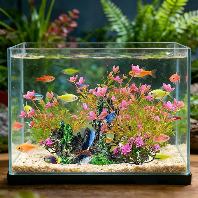 4 PCs Artificial Aquarium Plants with Rock Cave Ornament Set, Small Aquarium Decor Set, Plastic Aquatic Plants for Betta Fish, Fish Tank Decorations Accessories for Freshwater Aquarium