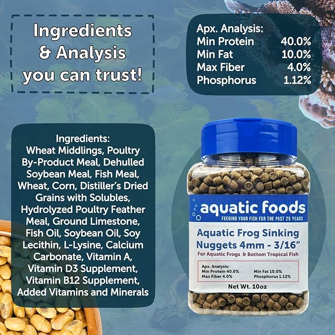 Aquatic Frog 4mm Sinking 40% Protein Nuggets. Ideal for All Frogs and Bottom Tropical Fish…4-lbs 12oz Jar