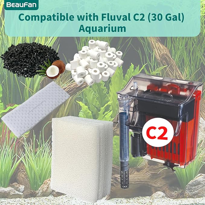 2 Aquarium Filter Media Kits Compatible with Fluval C2 (30 Gal) Aquarium Power Filter, Includes 4 Pack Foam Pads, 4 Pack Tarpaulins, 4 Pack Activated Carbons and 1 Pack Ceramic Ring