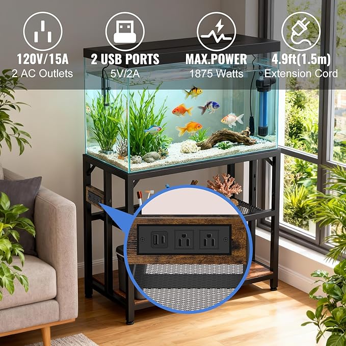 40 Gallon Fish Tank Stand with Power Outlets and Adjustable Shelf, 660LBS Capacity Metal Aquarium Stand for Turtle Tank, Reptile Terrarium and Breeder Tank, Suitable for Home Office, Rustic Brown