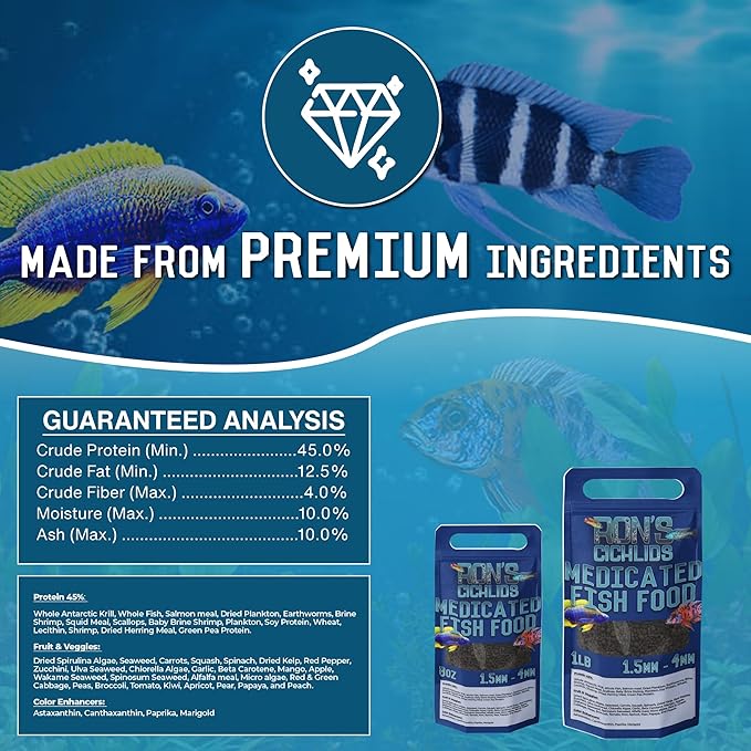 RON'S CICHLIDS Medicated Adult Blend African Cichlid Fish Food, Premium Fish Food Pellets with Protein, Veggies for Healthier, Brighter & Bigger Tropical Fish & Cleaner Tanks, Adult Blend, 8 Ounces