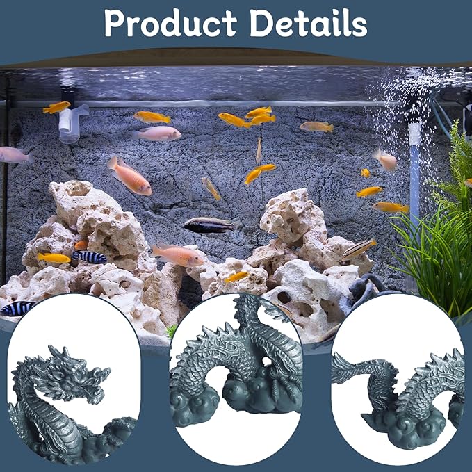 RUIAN Fish Tank Dragon Statue-Chinese Dragon Ornament for Aquarium Decor, Gray Blue Meditating Figurine Safe for Freshwater & Saltwater Tanks(Dragon)