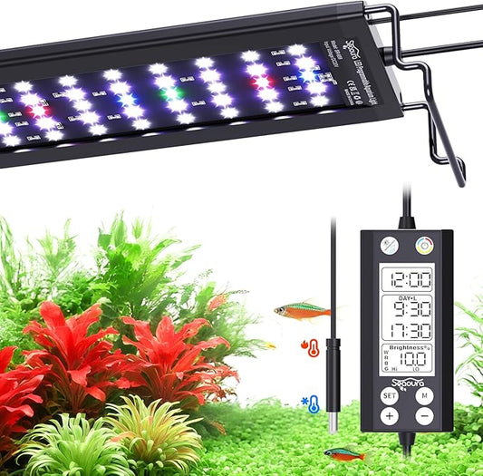 SEAOURA Aquarium LED Light with Thermometer, 12-18in Full Spectrum Lights for Fish Tank, 24/7 Programmable with Power Off Memory, WRGB Custom, 20 Level Dimmable Brightness for Freshwater Aquariums
