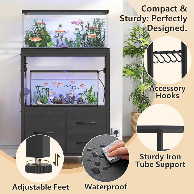 Heybly 10-20 Gallon Fish Tank Stand, Aquarium Stand with Drawer, Power Outlet, Heavy Duty Metal Frame, for Fish Tank, Turtle & Reptile Terrarium, 24.4" × 12.6" Top, 200lbs, Black HAS003SBK