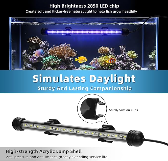 LED Submersible Aquarium Light 12W Underwater Fish Tank Light with Blue White&Blue and White Three Light Modes Timer Automatic On/Off and Dimmer Brightness Adjustable (22.8inch)