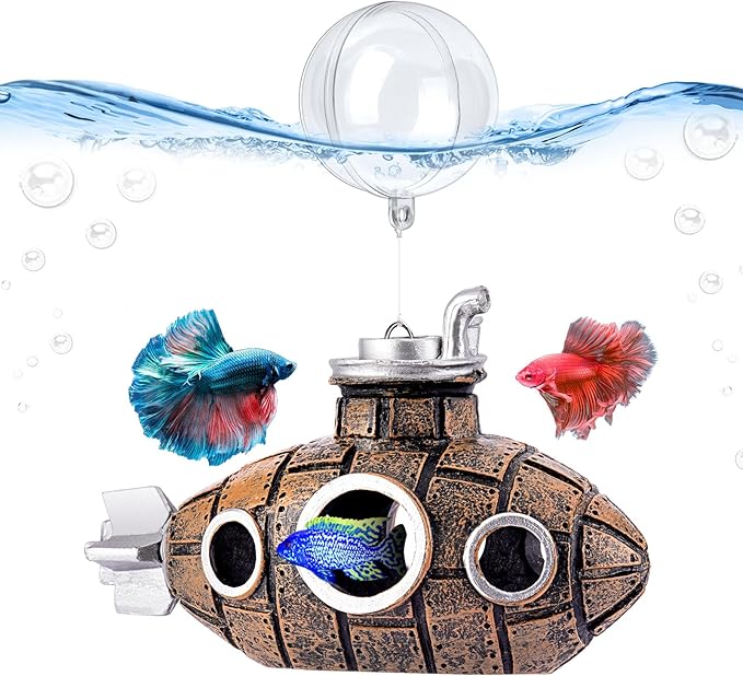 Floating Fish Tank Decoration, Little Cute Retro Submarine Aquarium Decoration with Two Float Balls, Resinous Fish Tank Accessorie, Safe Fish Toy for Betta Cichlid Goldfish Shrimps Hermit Crabs