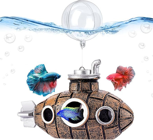 Floating Fish Tank Decoration, Little Cute Retro Submarine Aquarium Decoration with Two Float Balls, Resinous Fish Tank Accessorie, Safe Fish Toy for Betta Cichlid Goldfish Shrimps Hermit Crabs