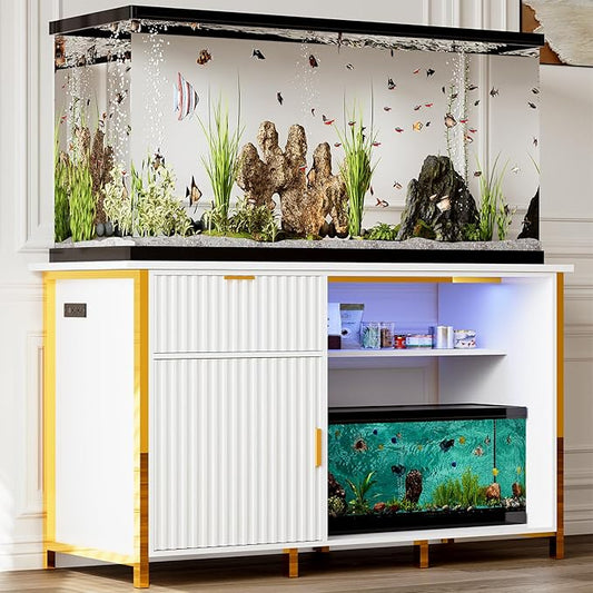 55-75 Gallon Fish Tank Stand with Power Outlets, LED Light, Vertical Lines, Heavy Duty Aquarium Stand with Cabinet for Fish Tank Accessories Storage, Turtle Tank, Reptile Terrarium, 1100LBS, White