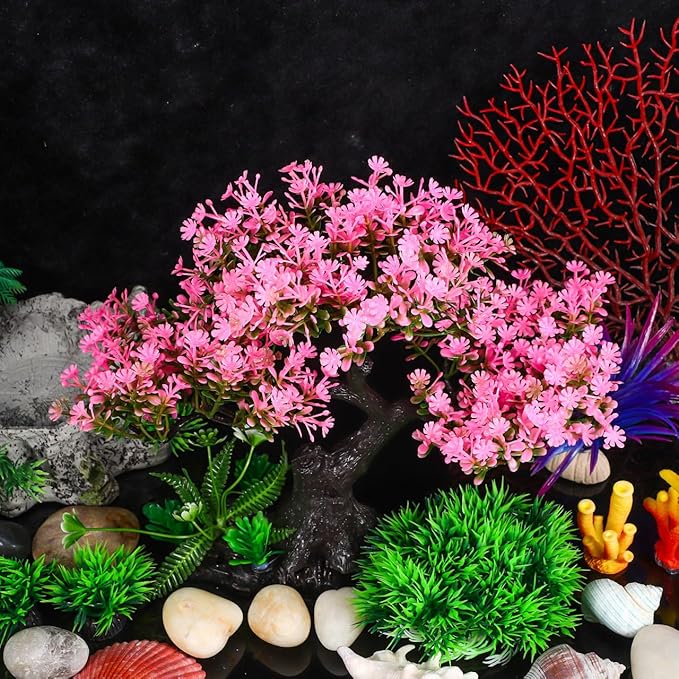 Plastic Aquarium Plants for Fish Tank, Realistic Cherry Blossom Tree & Green Water Grass, Safe for Your Aquatic Pets and Water Quality, Lifelike Artificial Plants for Nature Underwater Landscape