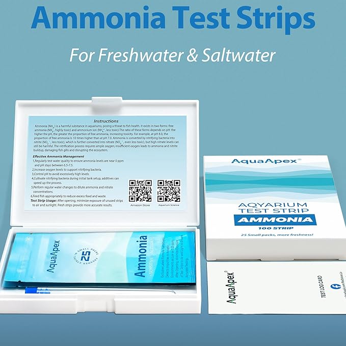 Ammonia Test Kit Aquarium (100 Strips) 0.25ppm High Precision Aquarium Test Kit for Freshwater & Saltwater | Fish Tank Test Strips Dedicated to Ammonia Detection.