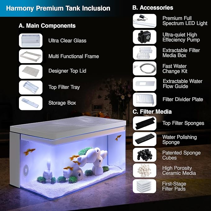 Harmony Deluxe 8 Gallon All-in-One Aquarium Kit, Award-Winning Fish Tank with Lid, Integrated Filtration, LED Light, Low-Iron Glass, Black Tank with Oak Grain Top