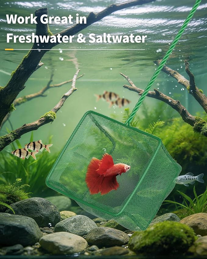 Pawfly Aquarium Fish Net with Braided Metal Handle Square Net with Soft Fine Mesh Sludge Food Residue Wastes Skimming Cleaning Net for Fish Tanks Small Koi Ponds and Pools
