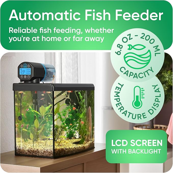 FISHNOSH Automatic Fish Feeder for Aquarium with Digital Thermometer - 2026 Auto Fish Food Dispenser Programmable, Vacation Feeder for Fish, Adjustable Portions, Auto Fish Feeder for Small & Big Tanks