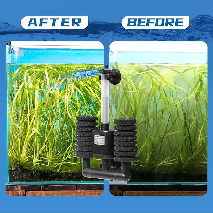 TARARIUM Aquarium Sponge Filter 5-20 Gallon Fish Tank Filter, Electric Power Double Sponge Filter, Quiet Small Low Flow Foam Filter for Fish Tank Betta Shrimp, Intake Dual Sponge Filter Kit w/Pump