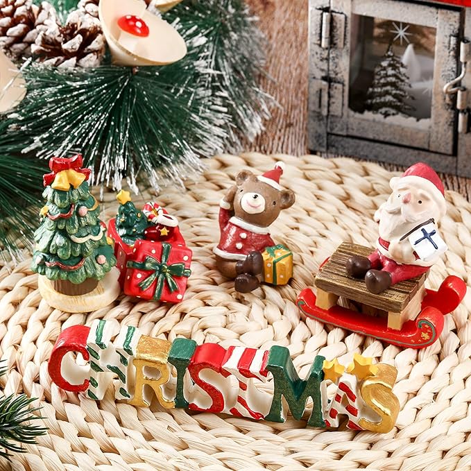 Jetec 6 Pcs Christmas Aquarium Decoration Fish Tank Creative Aquarium Resin Ornament Xmas Series Landscaping Decor Christmas Tree Santa Bear Sled Figurines for Table Desk (Lovely Style)