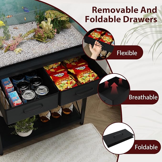 20-29-37 Gallon Fish Tank Stand with Power Outlet, Heavy Duty Metal Aquarium Stand with Two Storage Drawers for Fish Tank Accessories Storage, Perfect for Turtle Tank, Reptile Terrarium, Black