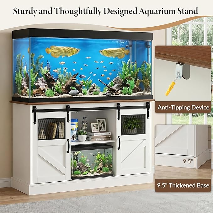 TITIMO 55-75 Gallon Fish Tank Stand with Power Outlet, Heavy Duty Large Aquarium Stand with Sliding Barn Door and Cabinet Storage for 2 Fish Tank Turtle Tank Reptile Terrarium, 1300LBS Capacity(White)