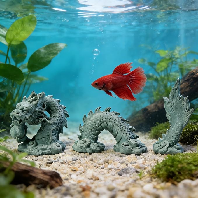 3-Piece Asian Dragon Aquarium Decor Set, Resin Bluestone Sand Ornaments, Sandstone Style, for Freshwater and Saltwater Fish Tanks and Gardens