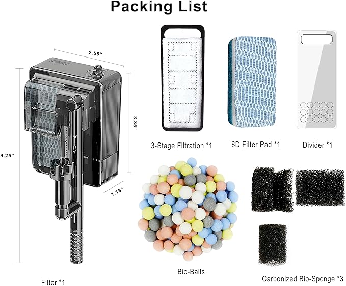 Aquarium Filter, Quiet Fish Tank HOB Filters for up to 5 Gallon Aquariums, 300L/H Adjustable Flow, with Filter Media
