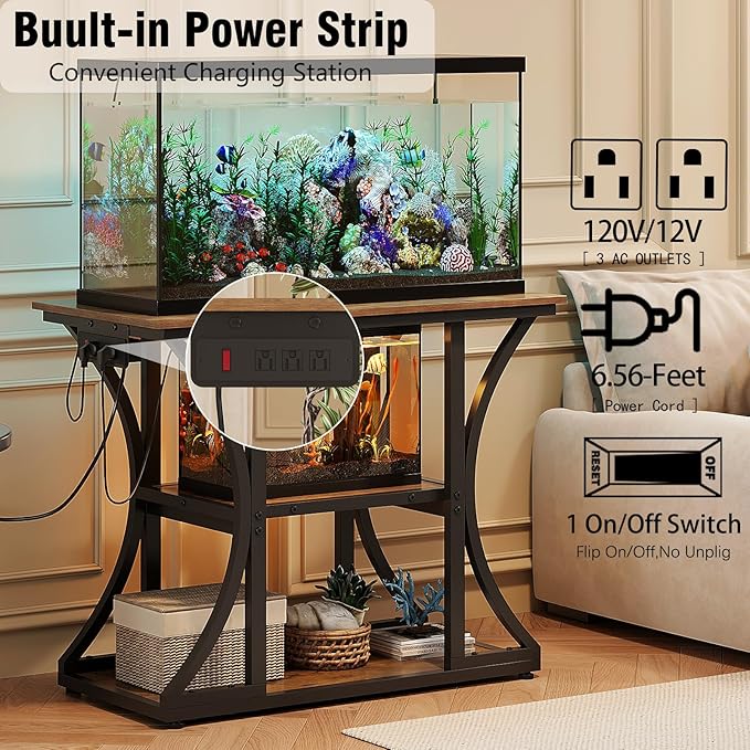 50 Gallon Aquarium Stand with Power Outlets Fish Tank Stand with 3-Tier Storage Shelves Display Stand for Turtle Tank Shelves Metal Frame Stand for Living Room Office Entryway,Brown