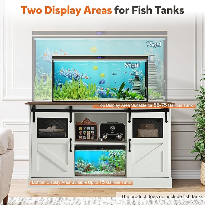 MAGIC UNION 55-75 Gallon Large Fish Tank Stand with Power Outlet, Heavy Duty Aquarium Stand with Sliding Barn Doors, Turtle Reptile Terrarium Stand with Cabinet for Accessories Storage, 1300LBS(White)