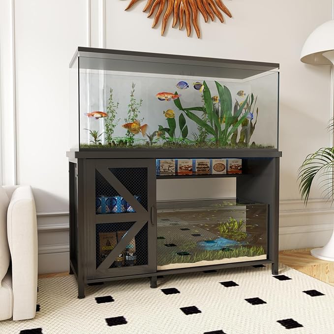 OC Orange-Casual 55-75 Gallon Aquarium Stand with LED Lighting & Power Outlets - Heavy Duty Metal Fish Tank Cabinet with Adjustable Shelves, 1000LB Capacity, Black
