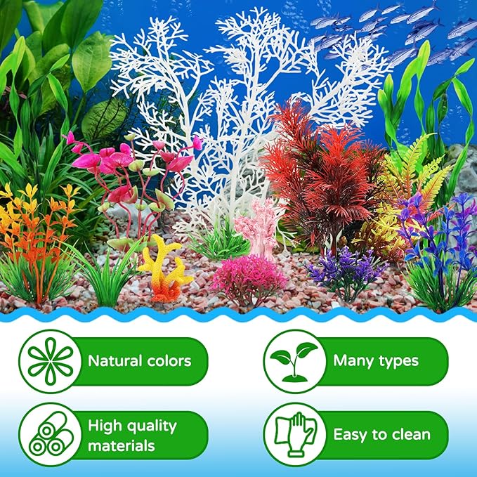 QUOZUO Aquarium Decorations Plants with Resin Coral, 12 pcs Fish Tank Accessories, Fish Tank Decorations Small Plants Plastic, Aquarium Decor Artificial Plant