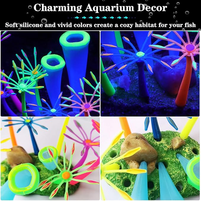 Glow in Dark Aquarium Fish Tank Decorations, Artificial Soft Anemone Coral Plants Ornaments for Aquarium Decor Landscape, Silicone Fish Tank Accessories Decorations (Green)