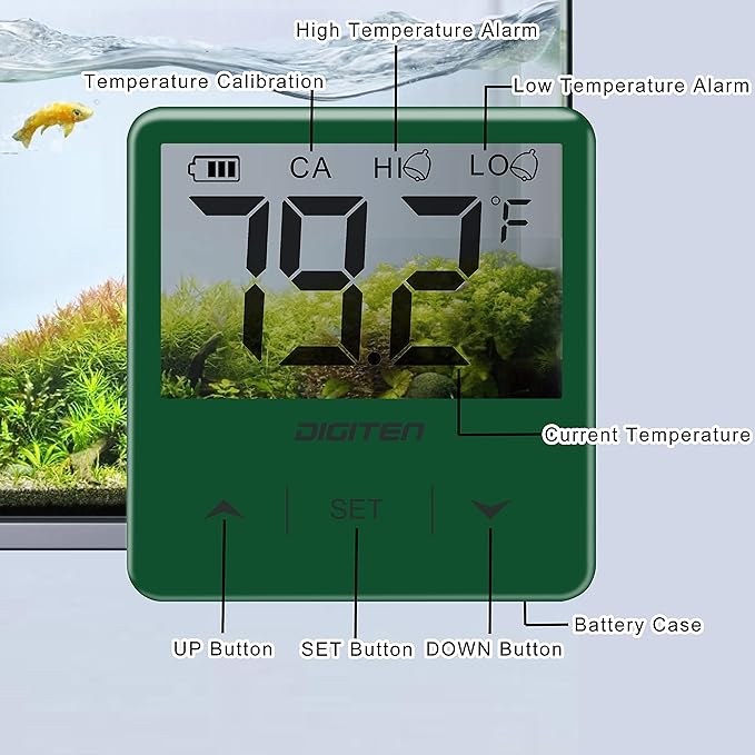 Aquarium Thermometer, Fish Tank Thermometer with Large LCD Display, Stick-on Tank Temp Sensor Ensures Accurate Reading, No Wires C/F Switch