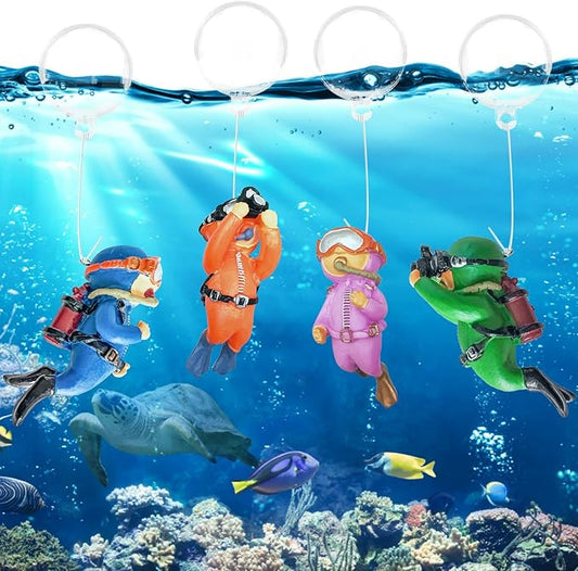 Philbinden 4 Pack Floating Fish Tank Decorations，Cute Little Diver Aquarium Decoration Cartoon Fish Playmate with Floating Device Fish Tank Accessories