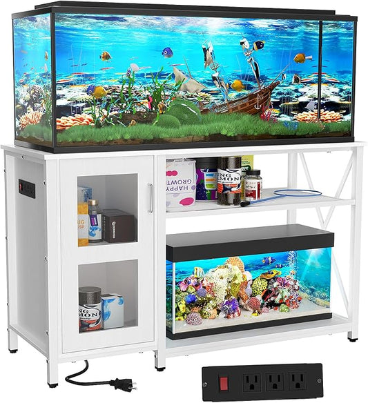 BEURUKU 55-75 Gallon Fish Tank Stand with Cabinet, Aquarium Stand for Fish Tank Accessories Storage, Heavy Duty Metal Terrarium Stand, 52" L*19" W Tabletop, 1200LBS Capacity, White