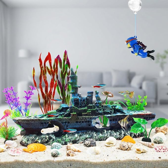 Aquarium Decor Set, Fish Tank Accessories Large Size Resin Sunken Warship Ornament Betta Fish Hideout Cave with 10 Artificial Aquatic Plants, 30-40 Seashells, 1 Floating Diver for Tank Shipwreck Decor
