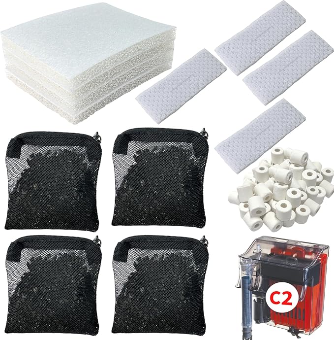 2 Aquarium Filter Media Kits Compatible with Fluval C2 (30 Gal) Aquarium Power Filter, Includes 4 Pack Foam Pads, 4 Pack Tarpaulins, 4 Pack Activated Carbons and 1 Pack Ceramic Ring