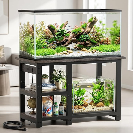 AQQA 35-40 Gallon Fish Tank Stand with 5 in 1 Power Outlets, 31x18 Inch Heavy Duty Metal Frame Aquarium Stand, Adjustable Storage Shelves, 620LBS Capacity Terrarium Stand, 3 Tiers Reptile Tank Stand