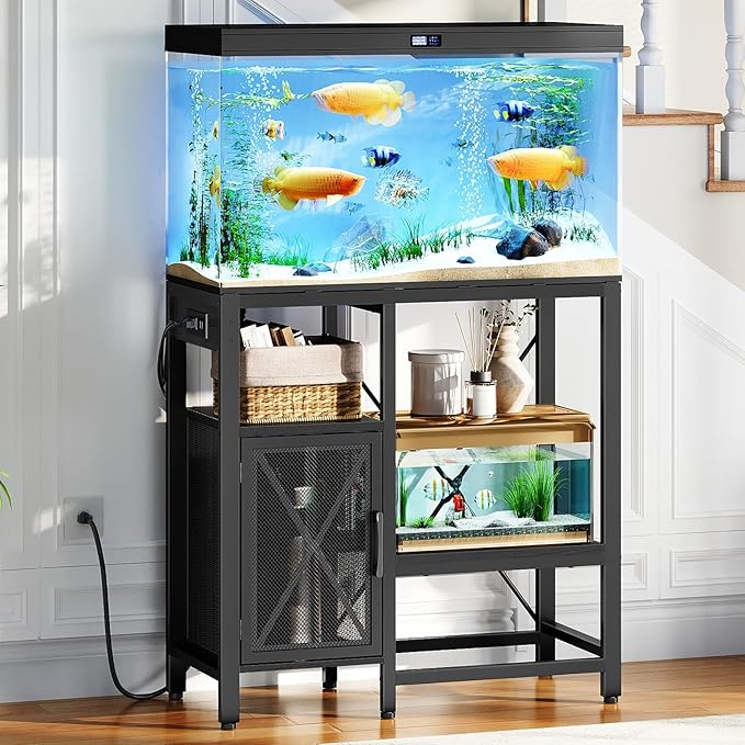 MAHANCRIS 20-37 Gallon Fish Tank Stand, Aquarium Stand with Power Outlet and Storage Cabinet, Heavy Duty Tank Stand Suitable for Turtle Tank, Reptile Terrarium, for Home Office, Black FTHB40E01