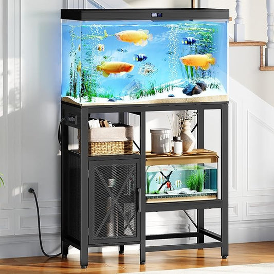 MAHANCRIS 20-37 Gallon Fish Tank Stand, Aquarium Stand with Power Outlet and Storage Cabinet, Heavy Duty Tank Stand Suitable for Turtle Tank, Reptile Terrarium, for Home Office, Black FTHB40E01