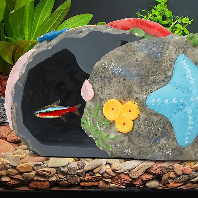 Upgraded Magnetic Detachable Aquarium Hideaway Coral Rock Cave to Check Your Aquatic Pets to Breed, Play and Rest Safe and Non-Toxic Resin Fish Tank Viewing Hideout Ornaments