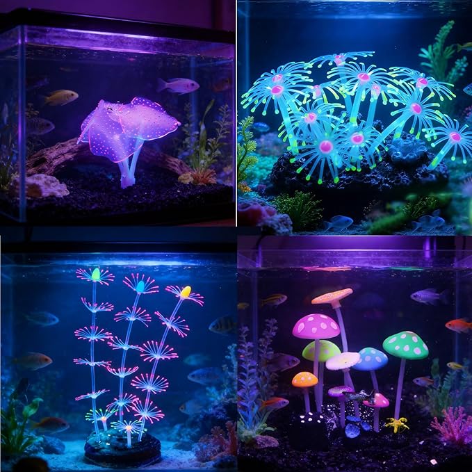 Swaying Coral Decor Set - 4-Pack: String, Starry, Feather & Mushroom Soft Silicone Aquarium Ornaments with Lifelike Motion for Freshwater & Saltwater Fish Tanks, Safe Fish Shrimp Habitat
