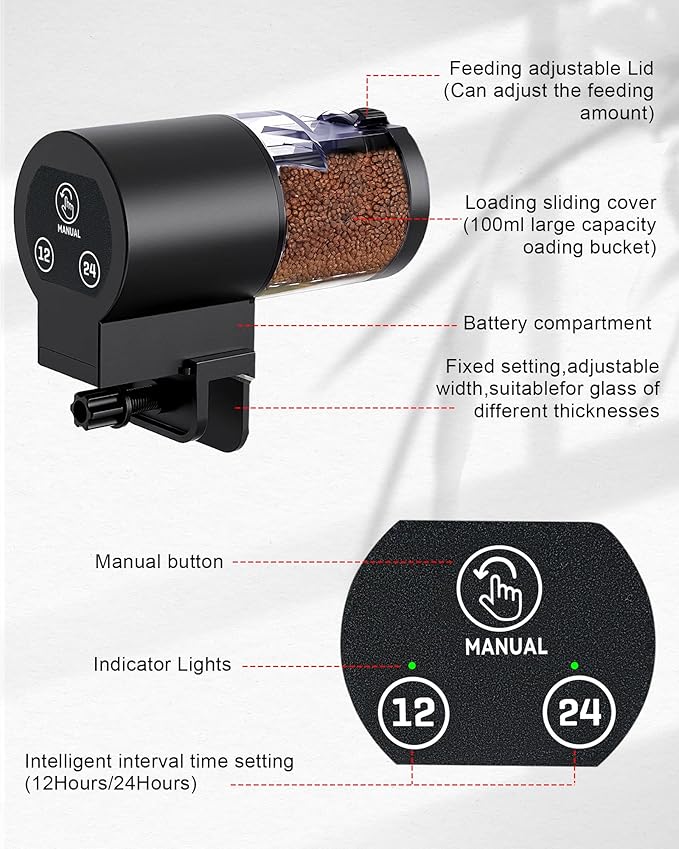 Automatic Fish Feeder for Aquarium, Helps Keep Fish Fed While You’re Away, Large 100ml Capacity with Adjustable Feeding Timer, Battery Operated Auto Feeder for Flakes and Pellets (Black)