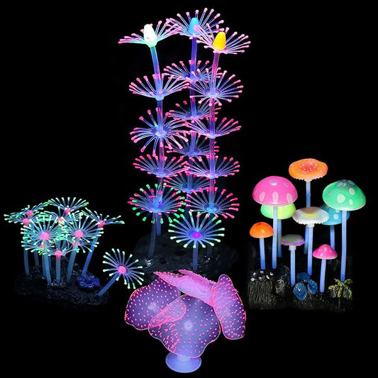 4 Pack Aquarium Fish Tank Decorations: Coral, Mushroom, Anemone, Plants Kit - Glowing Fish Tank Decorations for Small and Large Aquarium Decor Accessories