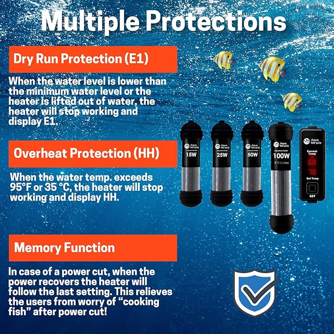 AquaMiracle Upgraded 25W Small Aquarium Heater Fish Tank Heater Turtle Heater Super Mini Aquarium Heater, Dry-Run/Overheating Protection and Memory Function, Dual LED Display, for 3-5 Gal Tanks