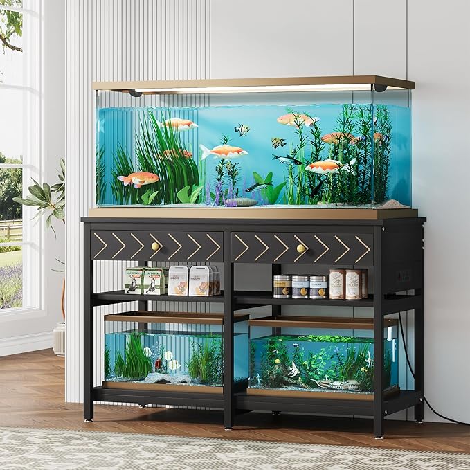 40-50 Gallon Aquarium Stand, Fish Tank Stand with Power Outlets and Drawers, Heavy Duty Metal Reptile Tank Stand for Turtle, 911LBS Capacity, Black (No Aquarium)