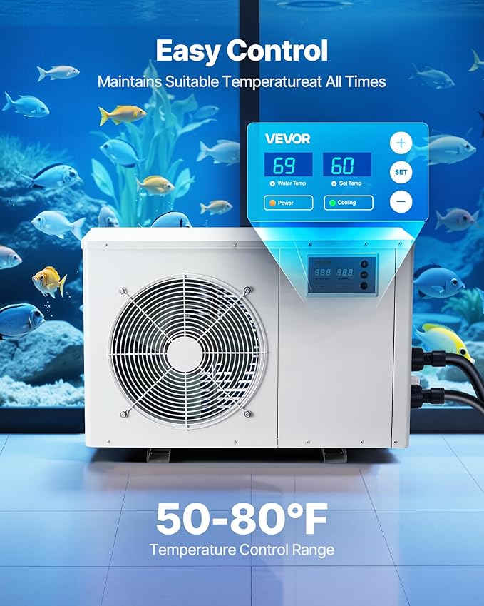 VEVOR Aquarium Chiller 150 Gallon, 1/2 HP Water Chiller for Hydroponics, Fast Cooling for Fish Tank,Axolotl,Coral Reef,Quiet Refrigeration Compressor, Titanium Evaporator,Complete Fittings