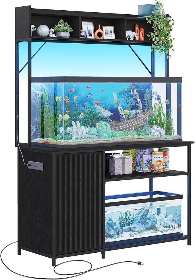 BELLEZE 55-90 Gallon Aquarium Stand with LED Lights, Fluted Cabinet For Fish Tank Accessories Storage, Heavy Duty Metal & Power Outlets, 1200 LBS Capacity, Turtle Tank Reptile Terrarium, Black Ebony