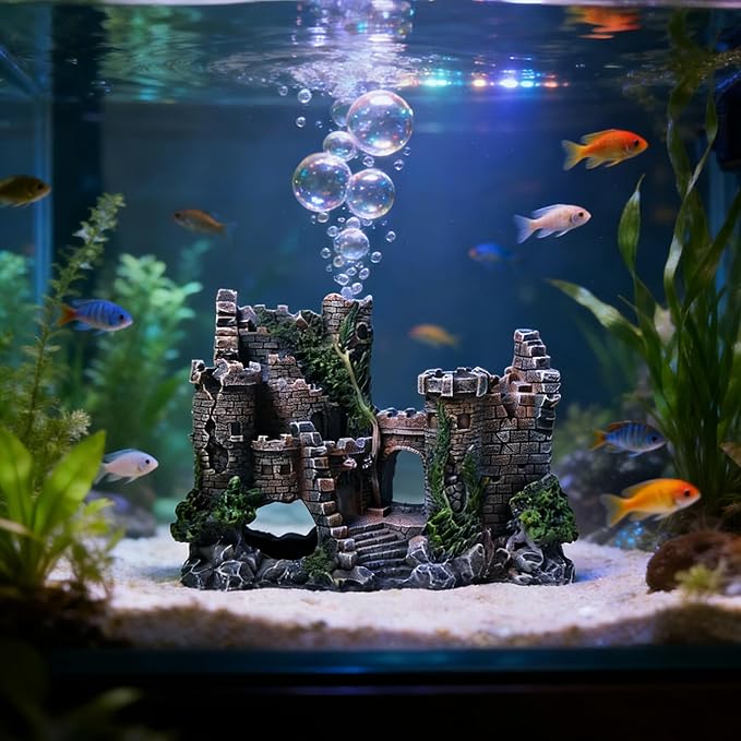 Aquarium Resin Castle Decoration, Air Bubbler Stone Cave Hideout House for Betta Fish, Shrimp & Turtles, Fish Tank Ornament Accessories for Breeding, Playing & Resting ，Decorative Bubbling Castle