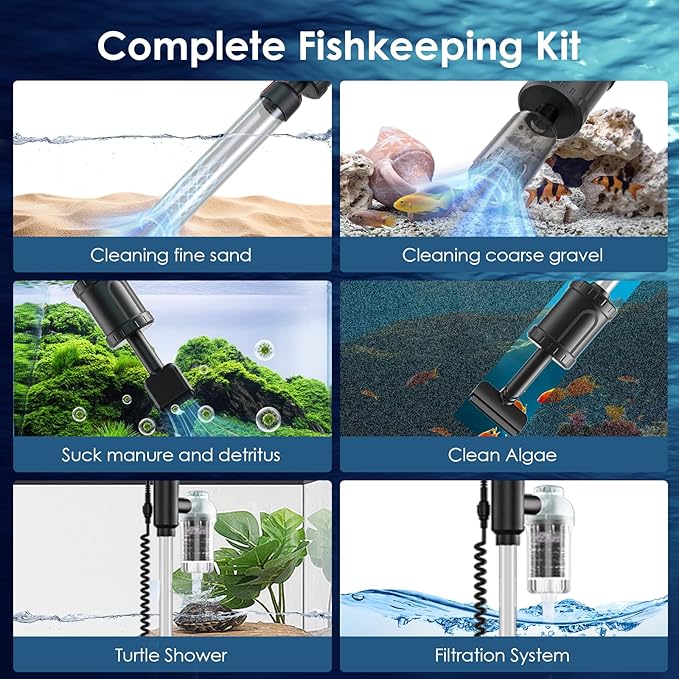 AKKEE Aquarium Vacuum Gravel Cleaner Handle Control, 8 in 1 Multifunctional 36W Electric Fish Tank Cleaner Vacuum for Automatic Water Change, Wash Sand, Water Circulation and Timed Off