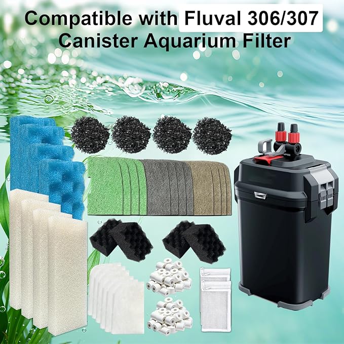 46-Pack Aquarium Maintenance Media Kits Replacement for Fluval 306/307 Performance Canister Filter, Includes Nitrite-Absorbing Filter Pad/Phosphate-Absorbing Filter Pad/Ammonia-Absorbing Pad