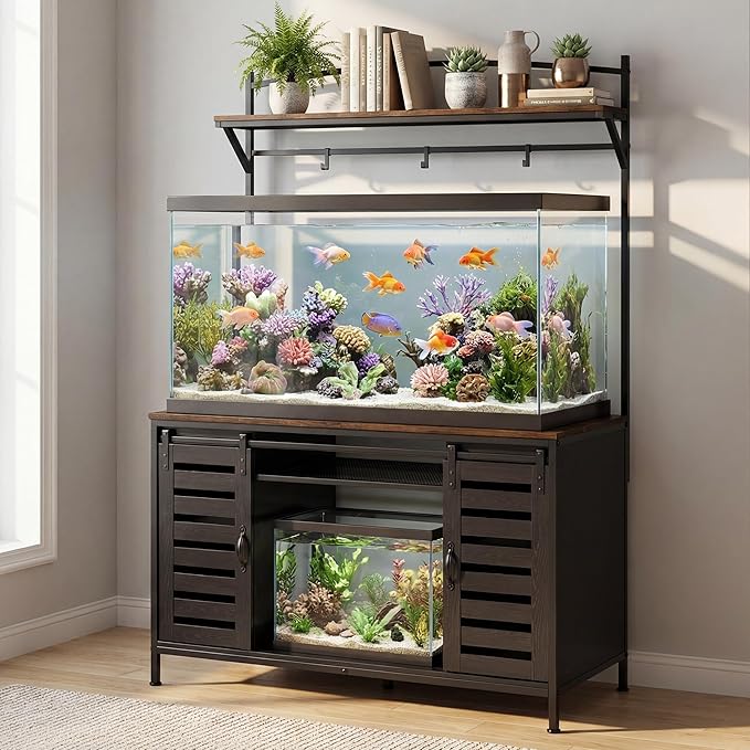 Petrova 100-120 Gallon Fish Tank Stand with Power Outlet, Metal Double Aquarium Stand with Storage Cabinet and Sliding Barn Door, Heavy Duty Reptile Tank Stand, 48" L* 24"W Tabletop, 1000LBS Capacity, Black