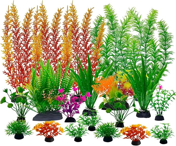 20Pcs Fish Tank Artificial Plastic Plants Decorations,Large Aquarium Decor Betta Goldfish Tank Accessories,Colorful Aquarium Plants,Various Sizes
