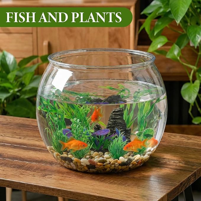 Lounsweer 12 Pcs 5 Gallon Large Fish Tank Plastic Fish Bowl Shatterproof with Aquarium Decor Artificial Plastic Plant and Rock Cave Goldfish Betta Tank Decor for Terrarium Flower Vase Centerpiece Gift